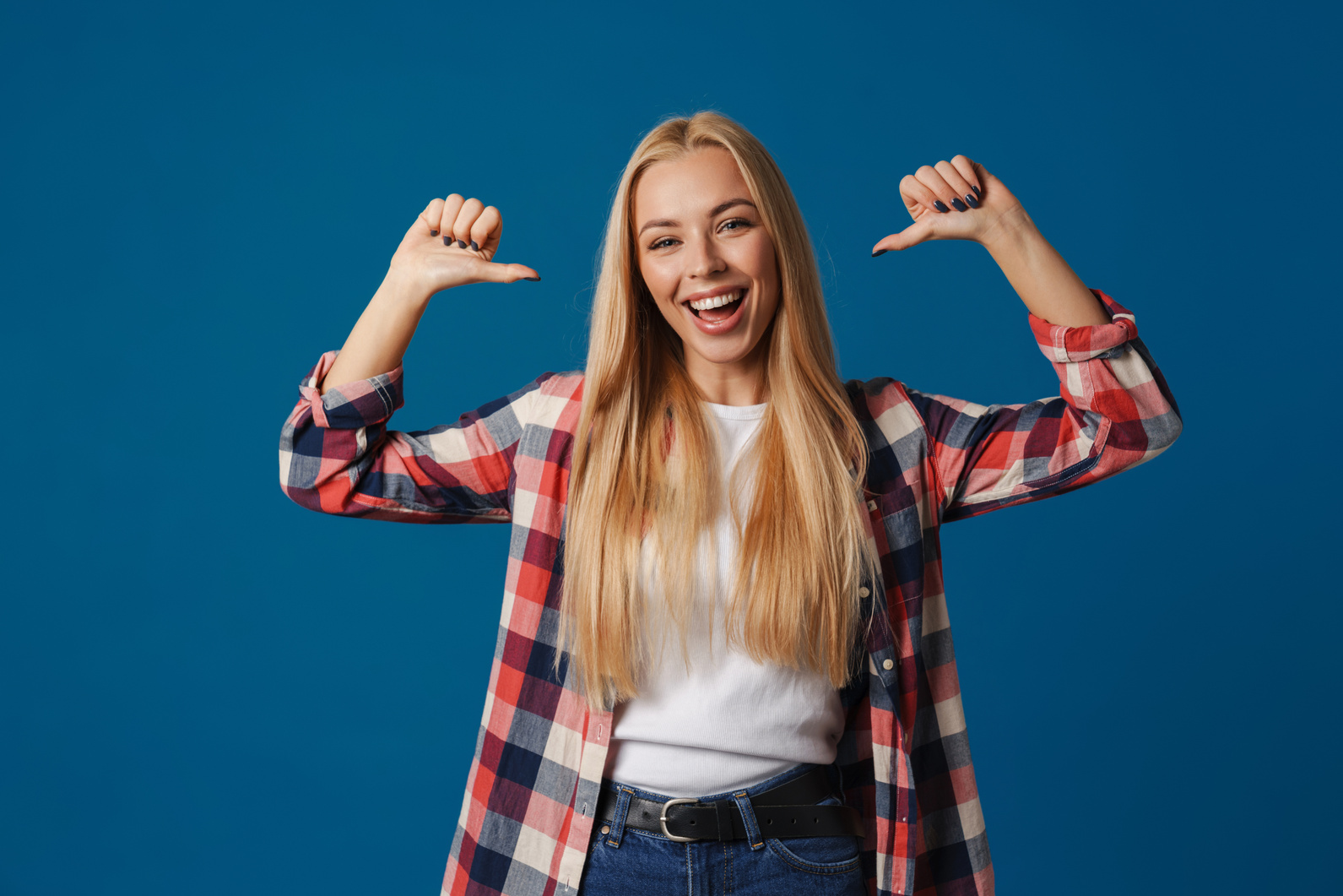 Blonde Happy White Woman Smiling and Pointing Fingers at Herself